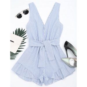 Plunging neck striped romper